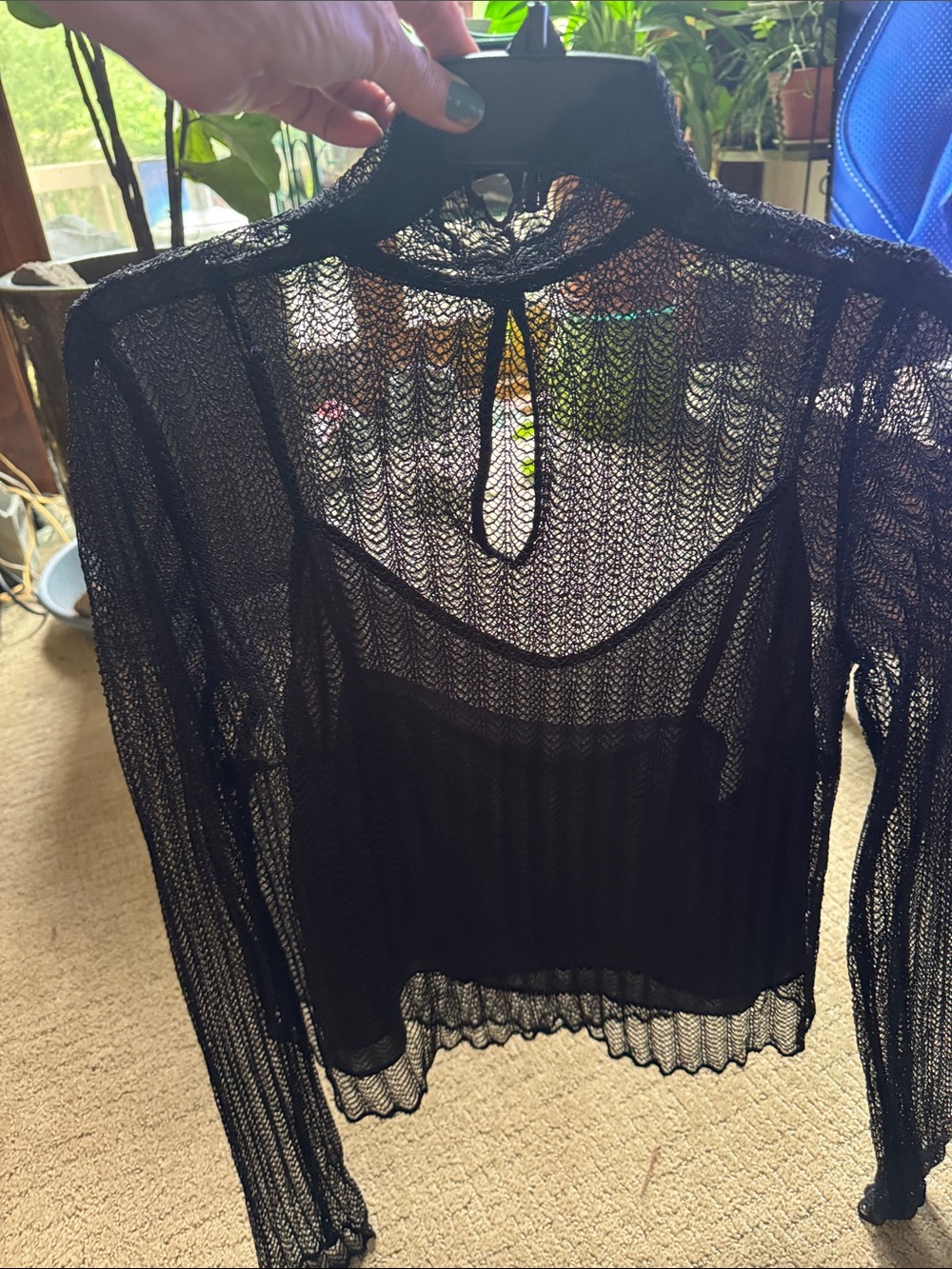Aritzia Black Sheer Long-Sleeve Mesh Top with Keyhole Back